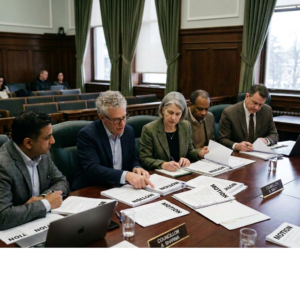 Five council members reviewing documents around a meeting table